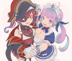 Rule 34 | 2girls, ahoge, ascot, bicorne, black coat, black headwear, blue bow, blue hair, blue nails, blush, bow, braid, breasts, brooch, cleavage, coat, colored inner hair, eyepatch, gloves, hair ribbon, hat, hololive, houshou marine, jewelry, large breasts, long hair, looking at viewer, minato aqua, minato aqua (1st costume), multicolored hair, multiple girls, nail polish, off shoulder, open mouth, pirate, purple eyes, purple hair, red eyes, red hair, red ribbon, ribbon, smile, thighhighs, twintails, two-tone hair, vinhnyu, virtual youtuber, white gloves
