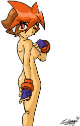 Rule 34 | 1girl, angry, ass, atlas (mega man), blue gloves, breasts, brown hair, capcom, female focus, fingerless gloves, from behind, gloves, looking at viewer, looking back, medium breasts, mega man (series), mega man zx, nipples, red eyes, short hair, solo, white background, zulana
