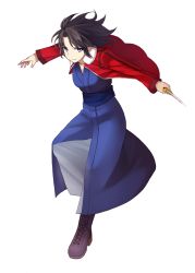 Rule 34 | 1girl, absurdres, apo (apos2721), black hair, blue kimono, boots, brown footwear, collarbone, full body, highres, holding, holding knife, jacket, japanese clothes, kara no kyoukai, kimono, knife, leg up, long hair, long sleeves, looking at viewer, obi, open clothes, open jacket, outstretched arms, purple eyes, red jacket, ryougi shiki, sash, short hair, solo, transparent background, unzipped