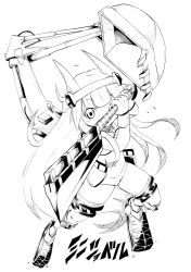 Rule 34 | 1girl, absurdres, bad id, bad pixiv id, bare shoulders, excavator, greyscale, headgear, highres, kamimamu, long hair, machinery, mini excavator (ole tower), monochrome, ole tower, open mouth, solo, weapon