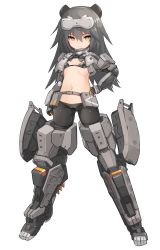 Rule 34 | 1girl, alice gear aegis, closed mouth, flat chest, full body, grey hair, hand on own hip, highres, karukan (monjya), long hair, looking at viewer, navel, shinonome chie, simple background, smile, solo, standing, v-shaped eyebrows, white background