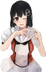 Rule 34 | 1girl, 73suke, black hair, brown eyes, commentary request, cosplay, creator connection, haguro (kancolle), hair ornament, heart, heart hands, highres, kantai collection, looking at viewer, naka (kancolle), naka (kancolle) (cosplay), naka kai ni (kancolle), naka kai ni (kancolle) (cosplay), short hair, simple background, solo, upper body, white background