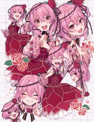 Rule 34 | 1girl, absurdres, arm up, black bow, black bowtie, blush, bow, bowtie, closed eyes, dress, flower, flower dress, from side, hair flower, hair ornament, highres, holding, holding microphone, inori 002, looking at viewer, medium hair, microphone, multiple views, nijisanji, nijisanji en, off-shoulder dress, off shoulder, open mouth, petals, pink hair, plant, red dress, red eyes, red flower, red rose, rose, rose petals, rosemi lovelock, rosemi lovelock (1st costume), side ponytail, smile, thorns, vines