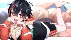 Rule 34 | 1boy, ankle ribbon, artist request, barefoot, black hair, character request, commission, earrings, foot out of frame, hair between eyes, hair ornament, hairclip, highres, hood, hoodie, ikurikaito, indie virtual youtuber, jewelry, leg ribbon, leg up, long sleeves, looking at viewer, male focus, multicolored hair, open mouth, pillow, red eyes, red hair, ribbon, shorts, single earring, skeb commission, smile, solo, streaked hair, teeth, two-tone hair, virtual youtuber