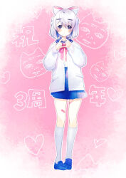 Rule 34 | 1girl, anniversary, bandaid, bandaid on leg, black eyes, blue footwear, blue skirt, blunt ends, blush, bob cut, border, bow, cardigan, closed mouth, dot mouth, fading border, finder oji-san, full body, hair bow, hair ornament, hairclip, hands up, heart, heart hands, highres, indie virtual youtuber, kneehighs, loafers, looking at viewer, neck ribbon, nise (navy), open cardigan, open clothes, outline, pink background, pink ribbon, pleated skirt, raised eyebrows, recurring image, ribbon, school uniform, serafuku, shirt, shoes, short hair, skirt, socks, solo, standing, translation request, uyuyu-chang, virtual youtuber, white border, white bow, white cardigan, white hair, white outline, white shirt, white socks