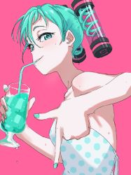 Rule 34 | 1girl, alternate costume, aqua eyes, aqua hair, aqua nails, blush, bouen, cup, drinking straw, hair between eyes, hair ornament, hatsune miku, headgear, highres, holding, holding cup, looking at viewer, nail polish, parted lips, pink background, polka dot, simple background, solo, sweat, twintails, upper body, vocaloid