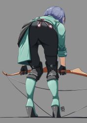 Rule 34 | 1girl, ass, automatic giraffe, black gloves, black pants, boots, bow (weapon), commentary, english commentary, fire emblem, fire emblem: three houses, from behind, gloves, green footwear, grey background, high heel boots, high heels, highres, holding, holding bow (weapon), holding weapon, nintendo, pants, purple hair, shamir nevrand, short hair, simple background, sleeves rolled up, solo, weapon