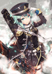 Rule 34 | 1girl, alternate costume, anti-materiel rifle, aqua eyes, aqua hair, belt, black cape, black hat, black jacket, black shorts, bolt action, breasts, buttons, cape, commentary request, cowboy shot, double-breasted, gabiran, gloves, gun, hair between eyes, hair ornament, hairclip, hand up, hat, holding, jacket, long sleeves, looking at viewer, medium breasts, pgm hecate ii, rifle, scarf, short hair, short shorts, shorts, sinon, skirt, smile, sniper rifle, snow, snowing, solo, sword art online, thigh strap, thighs, weapon, white belt, white gloves, white scarf