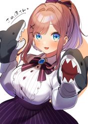 Rule 34 | 1girl, absurdres, blouse, blue eyes, blush, bow, bowtie, breasts, brown hair, center frills, collared shirt, commentary request, frills, highres, kuma daigorou, large breasts, long sleeves, looking at viewer, nijisanji, open mouth, ponytail, shirt, simple background, skirt, solo, striped clothes, striped skirt, suzuhara lulu, tongue, vertical-striped clothes, vertical-striped skirt, virtual youtuber, white background, white shirt