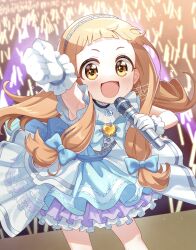 Rule 34 | 1girl, armpit peek, blue bow, blue bowtie, blue dress, blunt bangs, blush, bow, bowtie, brown eyes, child, clenched hand, commentary, dot nose, dress, euphoniummatsu, gem, gloves, hair bow, hairband, hand up, highres, holding, holding microphone, ichihara nina, idol, idolmaster, idolmaster cinderella girls, layered dress, light brown hair, long hair, looking at viewer, microphone, open mouth, see-through, sidelocks, signature, smile, solo, sparkling eyes, stage, sweat, white gloves, white hairband