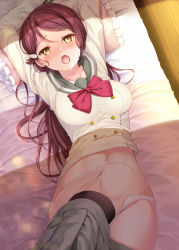 Rule 34 | 1girl, arms up, blush, commentary request, frilled pillow, frills, from above, hair ornament, hairclip, komone ushio, long hair, looking at viewer, love live!, love live! sunshine!!, lying, nose blush, on back, open mouth, panties, pillow, red hair, sakurauchi riko, school uniform, serafuku, skirt, skirt around one leg, solo, sweat, underwear, white panties, wooden floor, yellow eyes