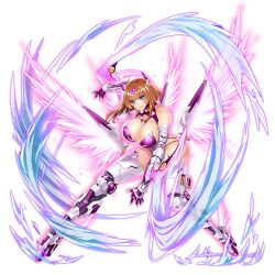 Rule 34 | 1girl, action taimanin, alternate hairstyle, aoi nagisa (metalder), breasts, brown hair, cleavage, curvy, highres, koukawa asuka, large breasts, leotard, lilith-soft, looking at viewer, medium hair, official alternate costume, official art, revealing clothes, shiny clothes, shiny skin, smile, solo, taimanin (series), taimanin rpgx, taimanin suit, thong leotard, wide hips, wings
