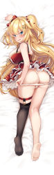 Rule 34 | 1girl, akai haato, akai haato (gothic lolita), ass, bad id, bad pixiv id, bare shoulders, barefoot, bed sheet, black thighhighs, blonde hair, blue eyes, blush, breasts, bridal garter, butt crack, commentary request, dress, feet, fingernails, from behind, full body, hair ornament, hairpin, heart, heart hair ornament, highres, hololive, large breasts, legs, long hair, looking at viewer, magowasabi, md5 mismatch, nail polish, over-kneehighs, panties, panty pull, pulling own clothes, red dress, red nails, resolution mismatch, signature, single over-kneehigh, single thighhigh, soles, solo, source larger, thighhighs, toes, twitter username, two side up, underwear, very long hair, virtual youtuber, white panties, x hair ornament