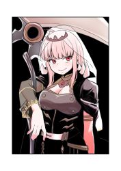 Rule 34 | 1girl, breasts, cleavage, cleavage cutout, clothing cutout, hair behind ear, highres, holding, holding scythe, hololive, hololive english, long hair, looking to the side, medium breasts, mori calliope, nightcoat, open hand, pink hair, red eyes, scythe, smile, solo, tiara, upper body, veil, virtual youtuber