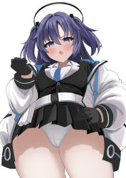 Rule 34 | 1girl, absurdres, bamiyanpixel, black gloves, black skirt, blue archive, blue necktie, blush, collared shirt, cowboy shot, formal, gloves, hair between eyes, halo, highres, jacket, long hair, long sleeves, mechanical halo, necktie, open clothes, open jacket, open mouth, panties, pleated skirt, purple eyes, purple hair, shirt, simple background, skirt, solo, suit, two side up, underwear, white background, white jacket, white panties, white shirt, yuuka (blue archive)
