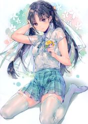 Rule 34 | 1girl, absurdres, arm behind head, blouse, blush, braid, breasts, bridal veil, closed mouth, dsmile, flower, full body, gradient background, highres, holding, long hair, no shoes, original, purple eyes, scan, school uniform, shirt, short sleeves, simple background, sitting, skirt, small breasts, solo, thighhighs, twintails, veil, wariza, white shirt, white thighhighs