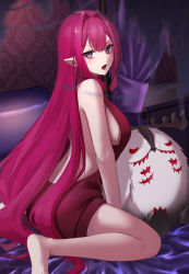 Rule 34 | 1girl, bare shoulders, blush, breasts, cernunnos (fate), dress, earrings, baobhan sith (fate), fate/grand order, fate (series), grey eyes, highres, ironatsuki, jewelry, large breasts, long hair, looking at viewer, open mouth, pink hair, pointy ears, red dress, sideboob, sidelocks, stuffed toy, thighs