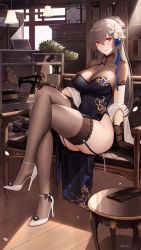 Rule 34 | 1girl, alexiel (pixiv6211566), azur lane, bag, black dress, blush, book, bookshelf, breasts, brown gloves, brown hair, brown thighhighs, ceiling light, cleavage, closed mouth, collarbone, couch, covered erect nipples, crossed legs, dress, flower, full body, garter straps, gloves, hair flower, hair ornament, hand on own knee, handbag, high heels, highres, indoors, large breasts, long hair, looking at viewer, mole, mole under eye, official alternate costume, on couch, pelvic curtain, phonograph, plant, potted plant, red eyes, saint-louis (alluring administrator) (azur lane), saint-louis (azur lane), see-through, see-through cleavage, shawl, short sleeves, smile, solo, tassel, thighhighs, thighs, very long hair, white flower, white footwear