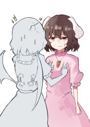 Rule 34 | 2girls, animal ears, back, bat wings, belt, brown eyes, brown hair, carrot necklace, closed mouth, colored skin, commentary request, deetamu, dress, flying sweatdrops, grey belt, grey dress, grey hair, grey skin, hair between eyes, hands on another&#039;s breasts, hands up, highres, inaba tewi, jewelry, looking at another, multiple girls, necklace, no headwear, pink dress, puffy short sleeves, puffy sleeves, rabbit ears, remilia scarlet, shoes, short hair, short sleeves, simple background, smile, standing, sweat, sweatdrop, touhou, white background, wings