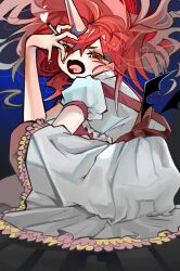Rule 34 | 1girl, :o, character request, cigarette, colored sclera, dress, frill inferno, hand up, horns, long hair, pantyhose, pink nails, red eyes, red hair, short sleeves, sitting, solo, tai sekaiyou mahou shoujo tsubame, tongue, tongue out, very long hair, white dress, wings, yellow sclera