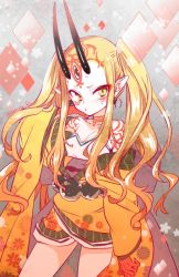 Rule 34 | 1girl, alternate hairstyle, bare legs, bare shoulders, blonde hair, cowboy shot, detached sleeves, earrings, facial mark, fate/grand order, fate (series), horns, ibaraki douji (fate), japanese clothes, jewelry, kimono, long hair, oni, oni horns, orange kimono, pointy ears, pout, sidelocks, solo, tattoo, twintails, twintails day, yakan (kusogaki teikoku), yellow eyes
