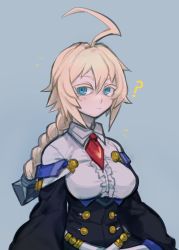 Rule 34 | 1girl, ?, ahoge, blazblue, blazblue: central fiction, blonde hair, blue background, blue eyes, blush, braid, braided ponytail, buttons, closed mouth, collar, es (xblaze), expressionless, galadysp, hair between eyes, hair ornament, highres, huge ahoge, long hair, long sleeves, looking at viewer, necktie, red necktie, shirt, simple background, solo, upper body, white shirt, xblaze, xblaze code: embryo, xblaze lost: memories