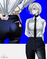 Rule 34 | 1girl, absurdres, artist name, ass, black pants, breasts, chainsaw man, charm (object), earrings, eyepatch, formal, highres, jewelry, applying manicure, nail polish, necktie, pants, quanxi (chainsaw man), shirt tucked in, smoking, solo, suit, tobacco, white hair, zwei illust