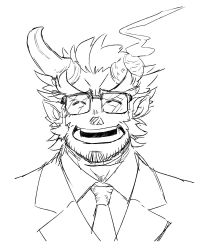 Rule 34 | 1boy, :d, ^ ^, bara, broken horn, closed eyes, cropped shoulders, demon boy, demon horns, facial hair, fiery horns, formal, glasses, greyscale, horns, long sideburns, looking at viewer, male focus, mature male, monochrome, necktie, open mouth, short hair, sideburns, sketch, smile, solo, sparkle, stubble, takemaru (housamo), thick eyebrows, tokyo houkago summoners, tusks, uden (udeden odon), upper body