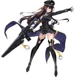Rule 34 | 1girl, absurdres, alternate costume, black footwear, black gloves, black thighhighs, breasts, brown hair, cleavage, counter:side, full body, gloves, gun, highres, holding, holding gun, holding weapon, karin wong, large breasts, long hair, official art, simple background, tachi-e, thighhighs, transparent background, weapon