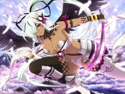 Rule 34 | 1girl, armband, armor, asymmetrical gloves, bare shoulders, belt, bikini armor, bird wings, black belt, black border, black feathers, black hair, black ribbon, black thighhighs, black wings, blue sky, blush, border, breasts, cleavage, cloud, cloudy sky, collarbone, dark-skinned female, dark skin, day, dual wielding, elbow gloves, faulds, feathers, flying, fusion, gloves, grey hair, hair between eyes, hair ornament, hair over one eye, hair ribbon, high heels, highres, holding, holding sword, holding weapon, japanese armor, katana, kusazuri, large breasts, light particles, long hair, looking at viewer, mismatched gloves, mountain, multicolored hair, navel, neck tattoo, o-ring, o-ring belt, official alternate costume, official art, open mouth, outdoors, outside border, page number, panties, pauldrons, ponytail, purple eyes, revealing clothes, ribbon, senran kagura, senran kagura new link, senran kagura new wave, shiny skin, shoulder armor, single elbow glove, single pauldron, sky, smile, solo, streaked hair, studded belt, sword, tattoo, thick eyebrows, thighhighs, thighs, underwear, unsheathed, very long hair, weapon, white gloves, white hair, white panties, wings, yasha (senran kagura), yuyaki (senran kagura)