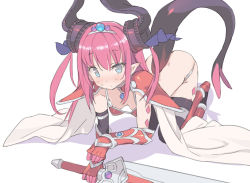 Rule 34 | 10s, 1girl, armor, armored boots, asymmetrical horns, bikini, bikini armor, black legwear, blade (galaxist), blue eyes, blue ribbon, blush, boots, breasts, cape, choker, downblouse, elizabeth bathory (brave) (fate), elizabeth bathory (fate), fate/extra, fate/extra ccc, fate/grand order, fate (series), hair ribbon, horns, long hair, looking at viewer, loose bikini, pauldrons, pointy ears, red armor, red hair, ribbon, shoulder armor, simple background, small breasts, solo, swimsuit, sword, tail, uneven horns, weapon, white background