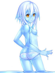 Rule 34 | 1girl, ass, blue hair, blue skin, breasts, butt crack, colored skin, highres, long hair, looking at viewer, looking back, monster girl, nipples, original, panties, pointy ears, slime girl, small breasts, solo, topless, underwear, vixen (pixiv), vixen (stinger), vixen stinger, yellow eyes