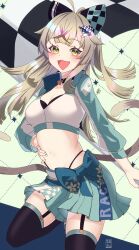 Rule 34 | 1girl, :d, ahoge, black thighhighs, blush, breasts, brown hair, cat tail, cleavage, clothes writing, commentary, crop top, cropped jacket, garter straps, genshin impact, green background, green jacket, green skirt, highres, jacket, kirara (genshin impact), long hair, looking at viewer, medium breasts, midriff, miniskirt, multicolored clothes, multicolored jacket, navel, open mouth, pleated skirt, skirt, smile, solo, stomach, tail, thighhighs, thighs, tsubame-tsubame-, two-tone jacket, white jacket, yellow eyes