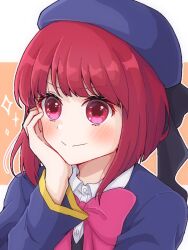 1girl arima_kana beret blue_hat blue_jacket blush bob_cut bow bowtie closed_mouth hat inverted_bob jacket looking_at_viewer medium_hair oshi_no_ko pink_bow pink_bowtie red_eyes red_hair school_uniform shirt short_hair smile solo toki_0502 white_shirt