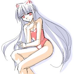Rule 34 | 1girl, bare legs, bare shoulders, bow, breasts, cleavage, competition swimsuit, eyebrows, female focus, fujiwara no mokou, groin, hand on own chest, long hair, looking back, one-piece swimsuit, red eyes, simple background, sitting, small breasts, solo, swimsuit, thighs, touhou, very long hair, white background, white hair