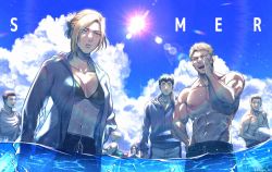 Rule 34 | 2boys, 5boys, abs, alternate universe, annie leonhart, bertolt hoover, biceps, blonde hair, blue eyes, blue male swimwear, blush, breasts, cleavage, cloud, cloudy sky, feet out of frame, from below, highres, large pectorals, male swimwear, mappo m2, marcel galliard, medium breasts, multiple boys, muscular, muscular male, partially submerged, partially underwater shot, pectorals, pieck finger, porco galliard, reiner braun, shingeki no kyojin, short hair, sky, smile, summer, swim trunks, swimming, toned, topless male, underwater, water, wet, zeke yeager