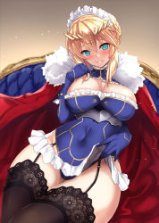 Rule 34 | 1girl, adapted costume, ahoge, aqua eyes, areola slip, artoria pendragon (fate), artoria pendragon (lancer) (fate), bare shoulders, blonde hair, blue gloves, blue leotard, blush, braid, braided bun, breasts, cape, cleavage, couch, covered navel, crown, fate/grand order, fate (series), floral print, frills, fur-trimmed cape, fur trim, garter straps, gauntlets, gloves, gradient background, groin, hair between eyes, hair bun, head tilt, highleg, highleg leotard, highres, lace, lace-trimmed legwear, lace trim, large breasts, leotard, lingerie, lips, maid headdress, microskirt, nose blush, parted lips, pink lips, red cape, shiny skin, sidelocks, sitting, skirt, solo, swept bangs, thighhighs, thighs, underwear, untue