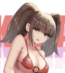 Rule 34 | 1girl, bikini, breasts, brown eyes, brown hair, commentary, dayshiart, disgust, english commentary, glasses, highres, large breasts, looking at viewer, original, red bikini, solo, swimsuit, twintails, v-shaped eyebrows