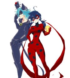 Rule 34 | &gt;:), 2boys, 2girls, ;o, ahoge, alternate hairstyle, animal ears, bad id, bad twitter id, bell, belt, black bodysuit, blue eyes, blue hair, blush, blush stickers, bodysuit, breasts, cat ears, cat tail, chat noir, chat noir (cosplay), colored sclera, cosplay, domino mask, earrings, flipped hair, gloves, green sclera, gyosone, hair between eyes, hand on own hip, jewelry, jingle bell, kill la kill, kinagase tsumugu, ladybug (character), ladybug (character) (cosplay), leaning back, light smile, looking at viewer, low twintails, mankanshoku mako, mask, matoi ryuuko, mikisugi aikurou, miraculous ladybug, mohawk, multiple boys, multiple girls, narrow waist, no pupils, one eye closed, polka dot, profile, purple eyes, red hair, ribbon, short hair, simple background, size difference, smile, smirk, standing, superhero costume, tail, turtleneck, twintails, v-shaped eyebrows, white background