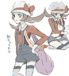 Rule 34 | 00s, 15000gy, 1girl, bad id, bad pixiv id, bag, brown hair, cabbie hat, creatures (company), cyndaquil, game freak, gen 2 pokemon, hat, hat ribbon, heart, hug, kneeling, lowres, lyra (pokemon), messenger bag, nintendo, oekaki, overalls, pokemon, pokemon (creature), pokemon hgss, red ribbon, reitor, ribbon, short twintails, shoulder bag, socks, thighhighs, twintails