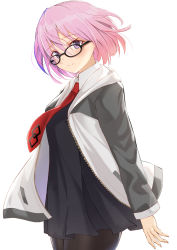 Rule 34 | 1girl, black-framed eyewear, black dress, brown pantyhose, closed mouth, collared dress, commentary request, dress, fate/grand order, fate (series), glasses, hair between eyes, highres, hikashou, jacket, long sleeves, mash kyrielight, necktie, open clothes, open jacket, pantyhose, pink hair, purple eyes, red necktie, simple background, smile, solo, white background, white jacket