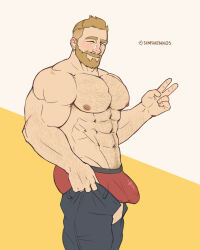 Rule 34 | 1boy, abs, arm hair, ass, bara, beard, body hair, boxer briefs, bulge, chest hair, dressing, facial hair, feet out of frame, from side, hairy, i&#039;ve never seen a guy recreate this successfully tbh (meme), large pectorals, leg hair, male focus, male underwear, mature male, meme, muscular, muscular male, navel hair, nipples, open pants, original, pants, pants lift, pectorals, red male underwear, short hair, simshenkos, solo, stomach, thick arms, thick eyebrows, topless male, undersized clothes, underwear, v
