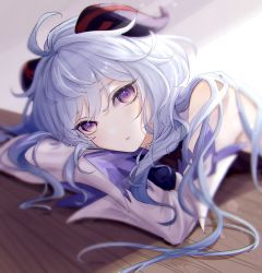 Rule 34 | ahoge, bare shoulders, blue hair, blush, detached sleeves, ganyu (genshin impact), genshin impact, hashi knk, head on table, head rest, highres, horns, long hair, looking at viewer, multicolored eyes, solo, table, white sleeves