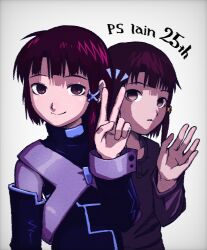 Rule 34 | 2girls, blue jacket, blue sleeves, brown eyes, brown hair, clone, detached sleeves, english text, hiding, hiding behind another, highres, iwakura lain, jacket, looking at viewer, multiple girls, sano (sano45726280), serial experiments lain, shadow, smile, v, waving, white background