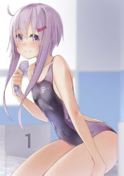 Rule 34 | 1girl, bare arms, bare shoulders, black one-piece swimsuit, breasts, commentary request, competition swimsuit, covered navel, eyes visible through hair, grin, hair between eyes, hair ornament, hairclip, hat, highres, holding, holding clothes, holding hat, indoors, kanzen bouon, long hair, looking at viewer, one-piece swimsuit, purple eyes, purple hair, purple hat, sitting, small breasts, smile, solo, swim cap, swimsuit, unworn hat, unworn headwear, unworn swim cap, vocaloid, voiceroid, yuzuki yukari