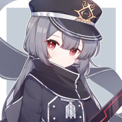 Rule 34 | 1girl, black cape, black hat, black jacket, blush, cape, closed mouth, commentary request, duel monster, eta, grey background, grey hair, hair between eyes, hat, jacket, long hair, looking at viewer, low twintails, peaked cap, red eyes, sky striker ace - roze, solo, twintails, two-tone background, upper body, white background, yu-gi-oh!