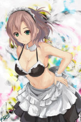 Rule 34 | 10s, 1girl, alternate costume, apron, armpits, artist name, bare shoulders, bikini, breasts, cleavage, commentary request, enmaided, green eyes, hand on own hip, kantai collection, kinugasa (kancolle), large breasts, looking at viewer, maid, maid apron, maid bikini, maid headdress, navel, pink hair, solo, swimsuit, unconventional maid, waist apron, yanagi wakana