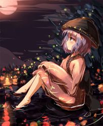 Rule 34 | 1girl, bad id, bad pixiv id, barefoot, bowl, bowl hat, cloud, crying, crying with eyes open, fireflies, full moon, hands on own knees, hat, japanese clothes, kimono, knees up, kotou (ko-tou), long sleeves, moon, night, night sky, obi, partially submerged, purple hair, red eyes, ripples, sash, short hair, sitting, sky, soaking feet, solo, sukuna shinmyoumaru, tears, touhou, water, wide sleeves