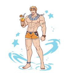 Rule 34 | 1boy, :d, abs, alternate costume, alternate pectoral size, anklet, bara, bare pectorals, blonde hair, bulge, cocktail glass, cup, drinking glass, eyewear on head, flower, flower necklace, full body, granblue fantasy, highres, jewelry, large pectorals, looking at viewer, male focus, male swimwear, muscular, muscular male, navel, necklace, nipples, oneirio, open mouth, orange male swimwear, pectorals, short hair, smile, solo, stomach, sunglasses, swim trunks, vane (granblue fantasy)