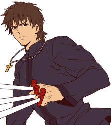 Rule 34 | 1boy, bad id, bad pixiv id, between fingers, black keys (type-moon), brown eyes, brown hair, cross, cross necklace, fate/zero, fate (series), holding, jewelry, kotomine kirei, male focus, necklace, solo, zihad